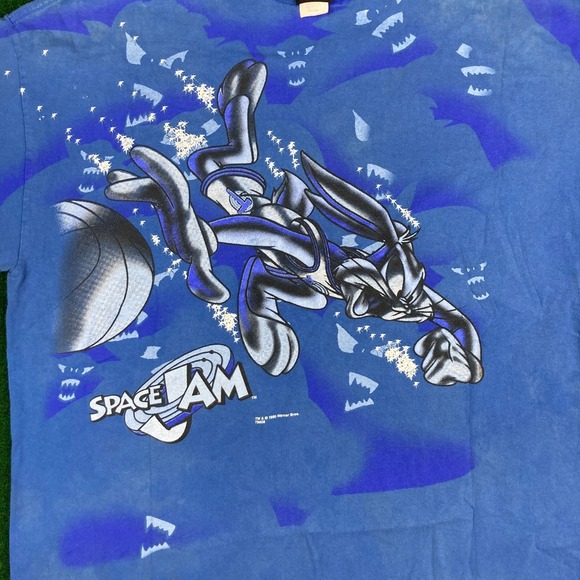 Vintage Looney Tunes Space Jam Shirt Mens XL Blue 1996 AOP Bugs Bunny 90s USA - Picture 3 of 16